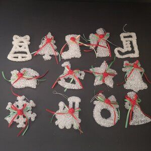 Vintage Handcrafted 13 Piece Bead & Ribbon Christmas Tree Ornaments Approx. 4"